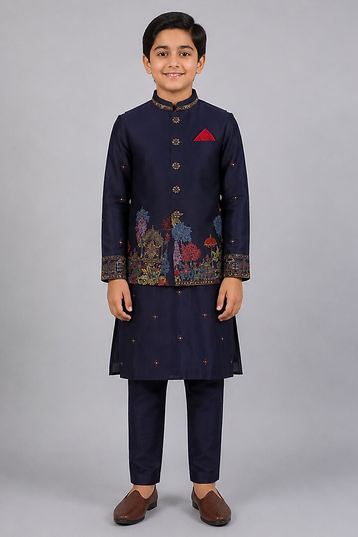 Blue Tussar Resham & Thread Embroidered Bundi Jacket Set For Boys by Sammohan Kids at Pernia's Pop Up Shop