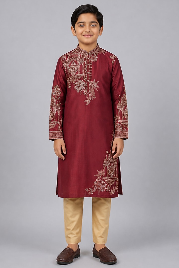 Red Tussar Resham & Thread Embroidered Kurta Set For Boys by Sammohan Kids at Pernia's Pop Up Shop