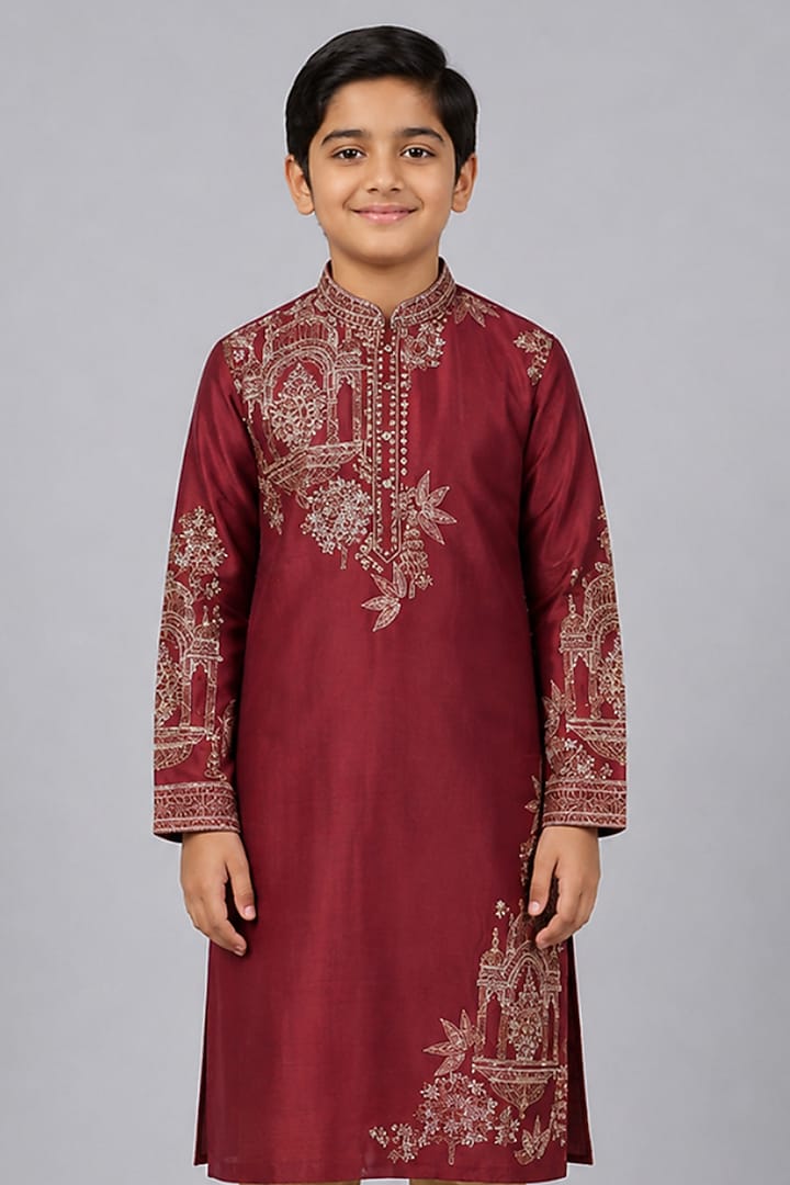 Red Tussar Resham & Thread Embroidered Kurta Set For Boys by Sammohan Kids at Pernia's Pop Up Shop