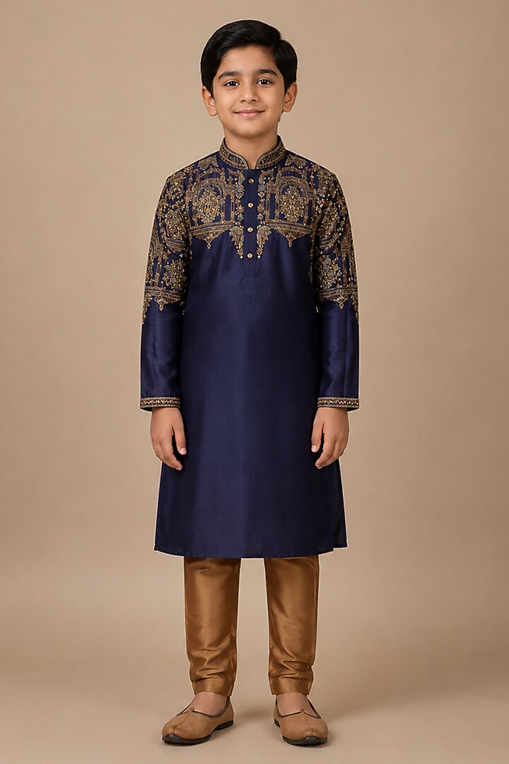 Blue Tussar Resham & Thread Embroidered Kurta Set For Boys by Sammohan Kids at Pernia's Pop Up Shop