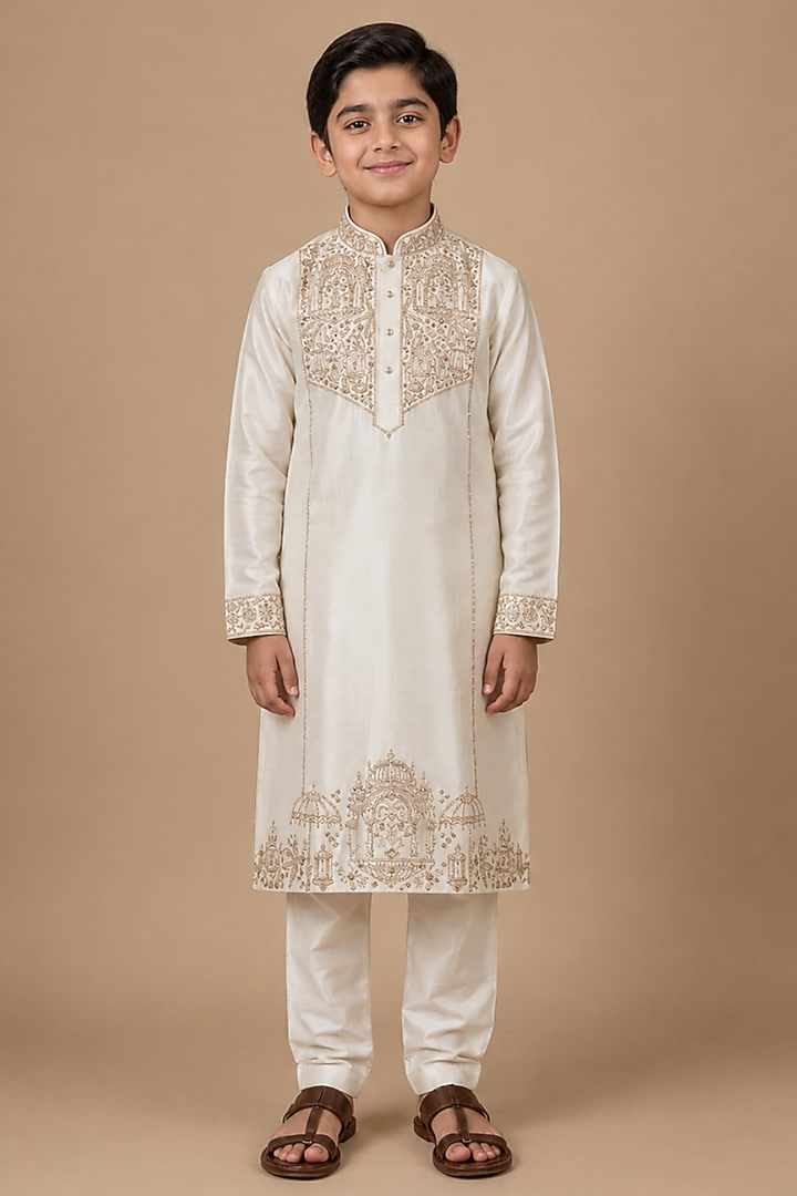 Ivory Tussar Resham & Thread Embroidered Kurta Set For Boys by Sammohan Kids at Pernia's Pop Up Shop