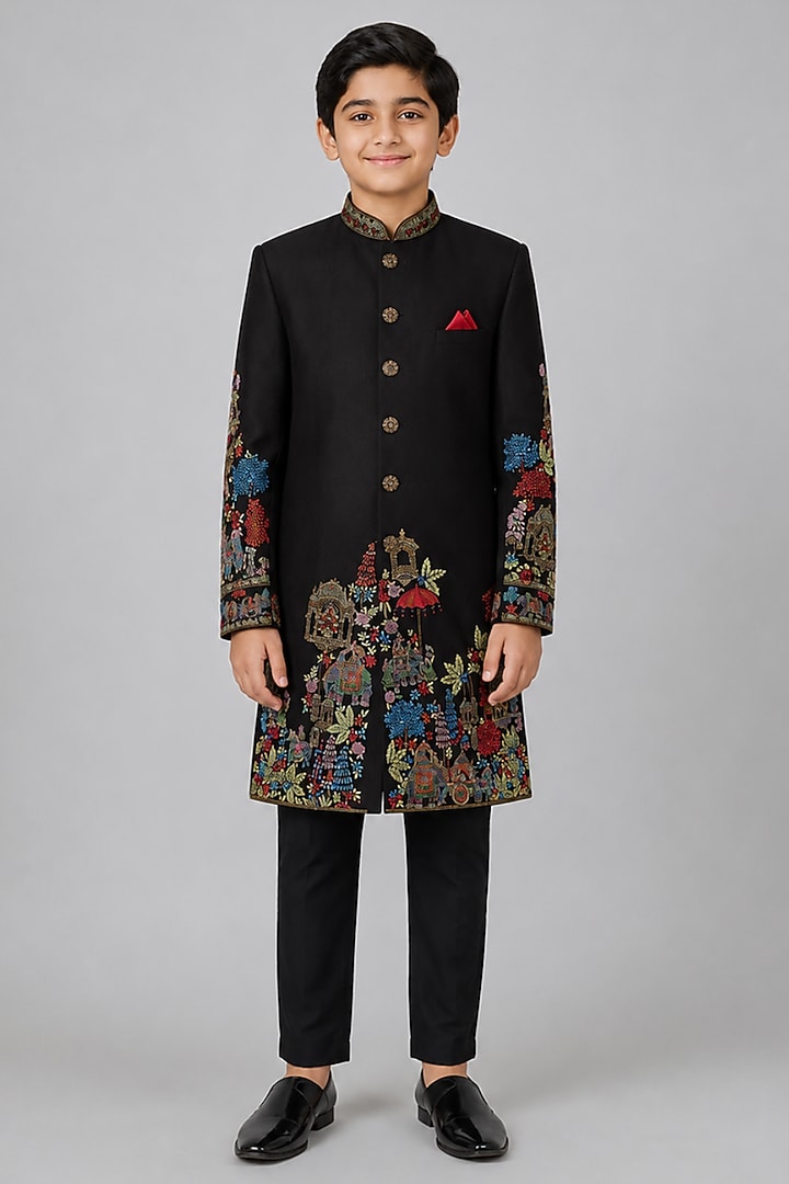 Black Tussar Hand & Machine Embroidered Sherwani Set For Boys by Sammohan Kids at Pernia's Pop Up Shop