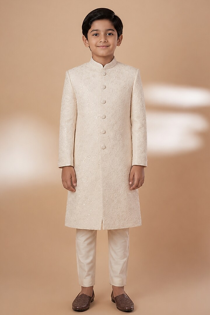 Ivory Tussar Hand & Machine Embroidered Sherwani Set For Boys by Sammohan Kids at Pernia's Pop Up Shop