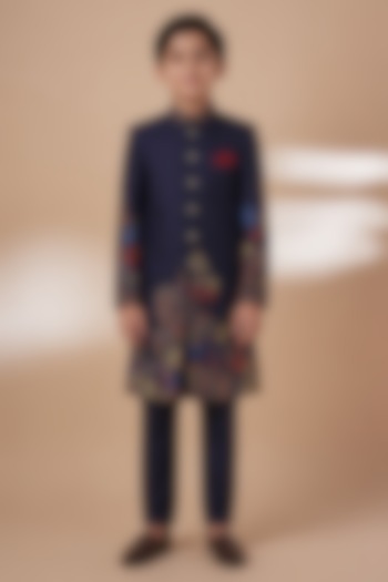 Blue Tussar Hand & Machine Embroidered Sherwani Set For Boys by Sammohan Kids at Pernia's Pop Up Shop