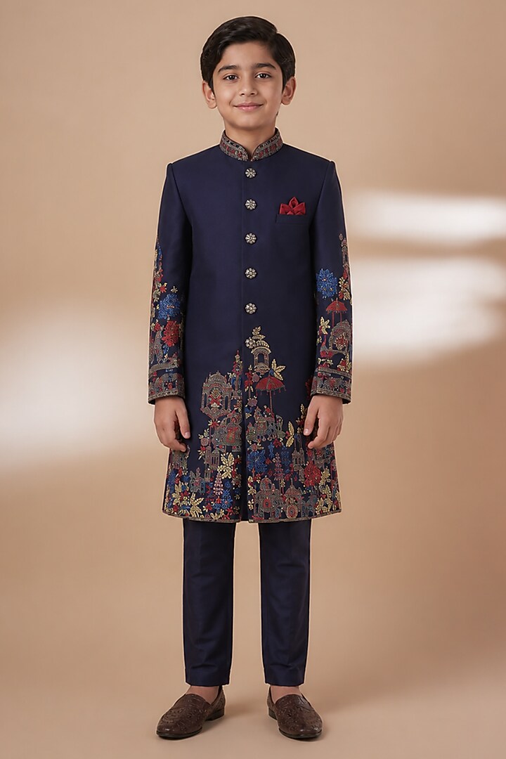 Blue Tussar Hand & Machine Embroidered Sherwani Set For Boys by Sammohan Kids at Pernia's Pop Up Shop