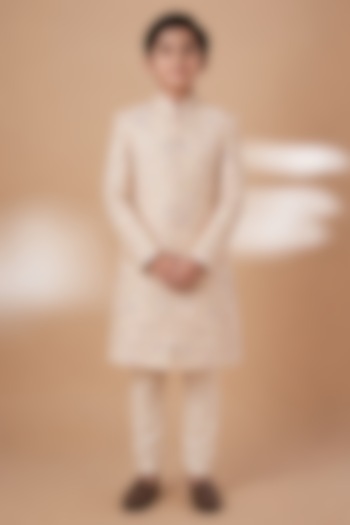 Ivory Tussar Hand & Machine Embroidered Sherwani Set For Boys by Sammohan Kids at Pernia's Pop Up Shop
