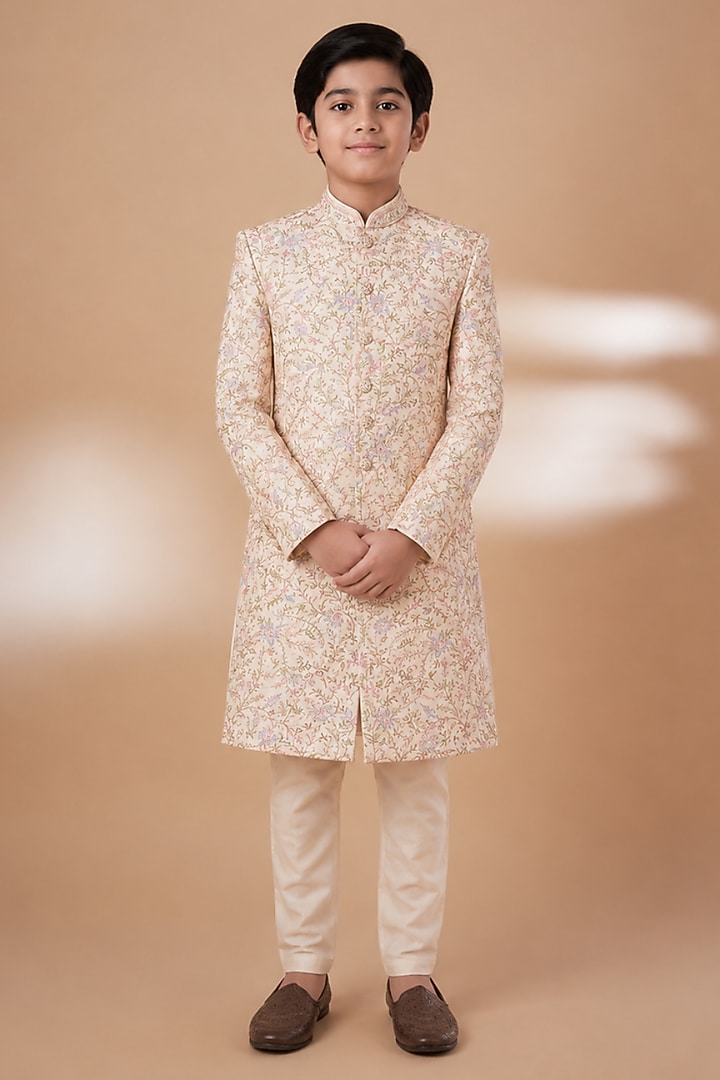 Ivory Tussar Hand & Machine Embroidered Sherwani Set For Boys by Sammohan Kids at Pernia's Pop Up Shop