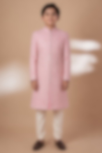 Pink Tussar Hand & Machine Embroidered Sherwani Set For Boys by Sammohan Kids at Pernia's Pop Up Shop