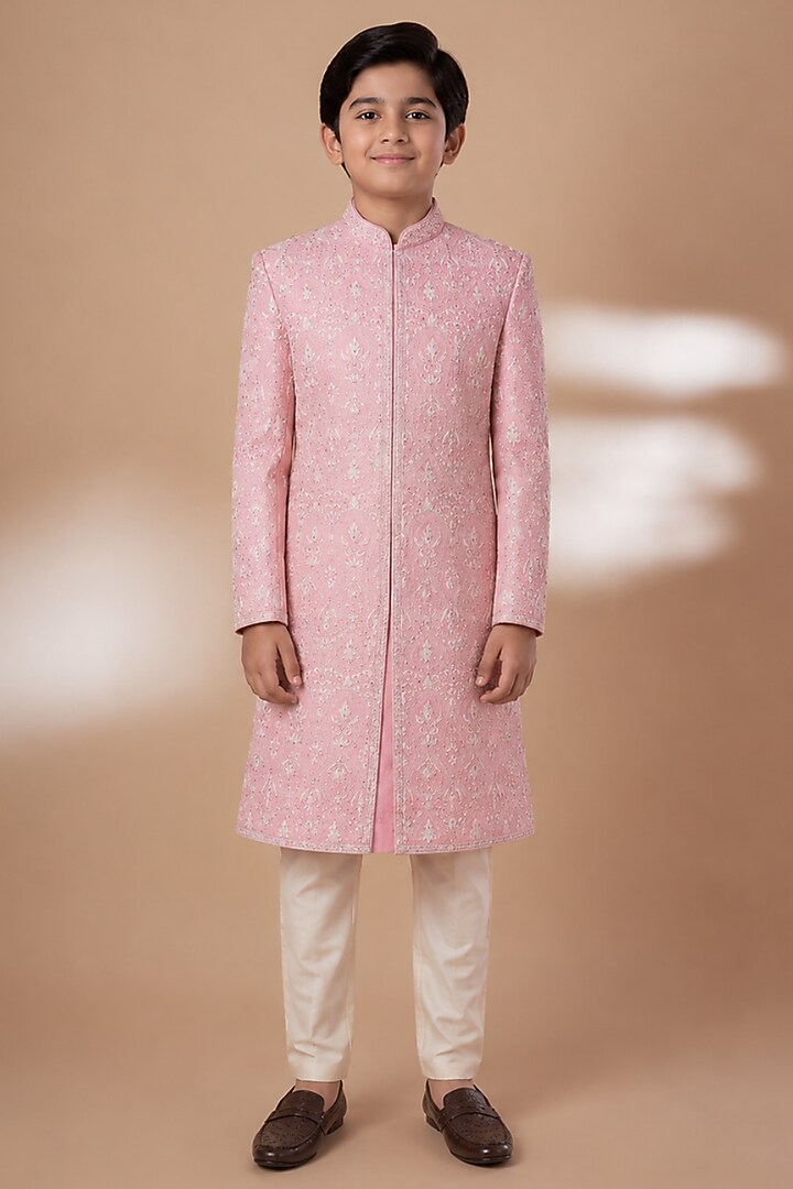 Pink Tussar Hand & Machine Embroidered Sherwani Set For Boys by Sammohan Kids at Pernia's Pop Up Shop