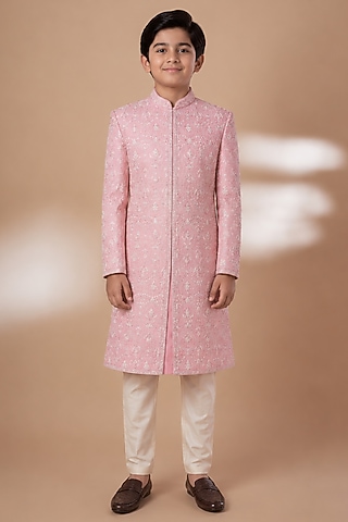 Pink Tussar Hand & Machine Embroidered Sherwani Set For Boys by sammohan kids