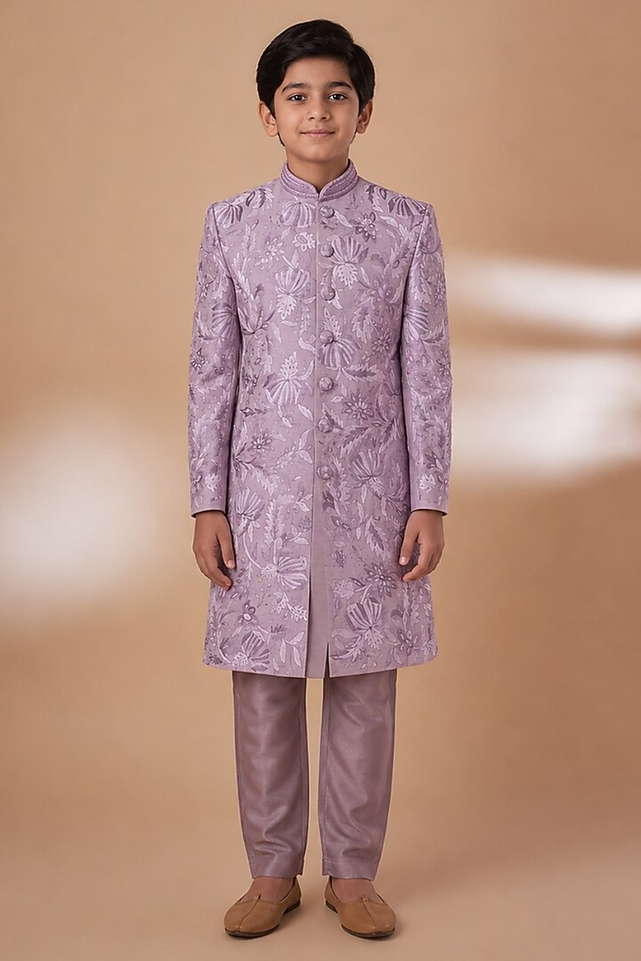 Purple Tussar Hand & Machine Embroidered Sherwani Set For Boys by Sammohan Kids at Pernia's Pop Up Shop