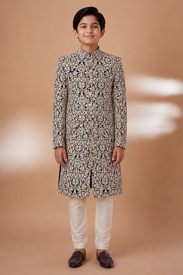Blue Tussar Hand & Machine Embroidered Sherwani Set For Boys by Sammohan Kids at Pernia's Pop Up Shop