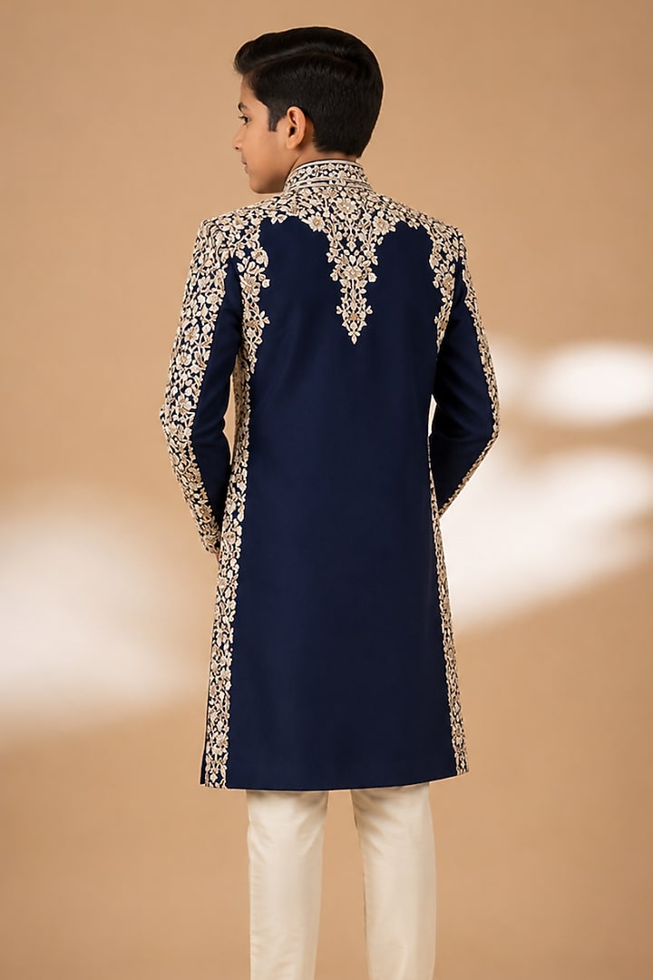 Blue Tussar Hand & Machine Embroidered Sherwani Set For Boys by Sammohan Kids at Pernia's Pop Up Shop