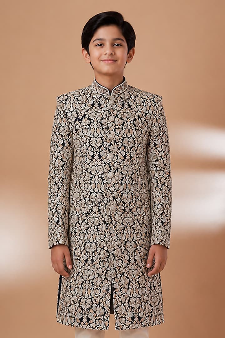 Blue Tussar Hand & Machine Embroidered Sherwani Set For Boys by Sammohan Kids at Pernia's Pop Up Shop