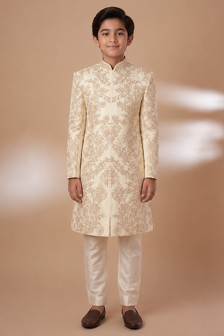 Ivory Tussar Hand & Machine Embroidered Sherwani Set For Boys by Sammohan Kids at Pernia's Pop Up Shop