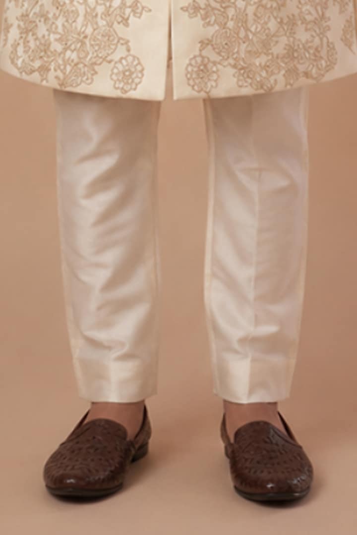Ivory Tussar Hand & Machine Embroidered Sherwani Set For Boys by Sammohan Kids at Pernia's Pop Up Shop