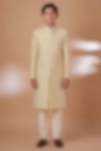 Ivory Tussar Hand & Machine Embroidered Sherwani Set For Boys by Sammohan Kids at Pernia's Pop Up Shop