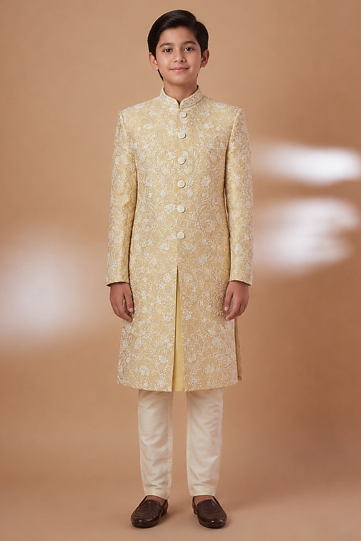 Ivory Tussar Hand & Machine Embroidered Sherwani Set For Boys by Sammohan Kids at Pernia's Pop Up Shop
