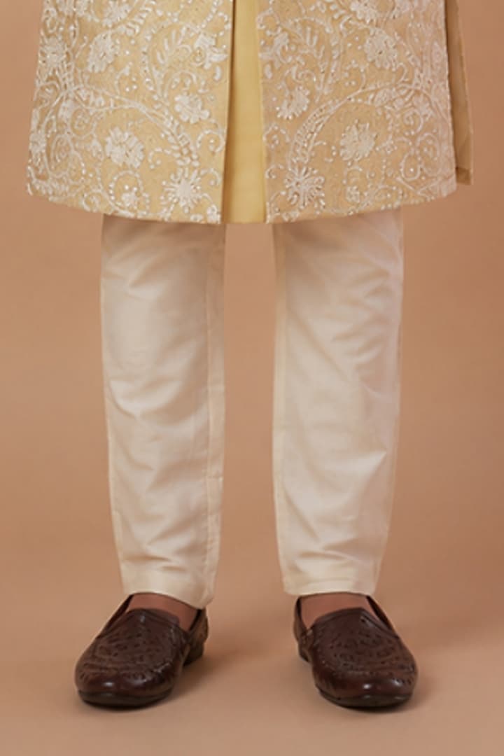 Ivory Tussar Hand & Machine Embroidered Sherwani Set For Boys by Sammohan Kids at Pernia's Pop Up Shop