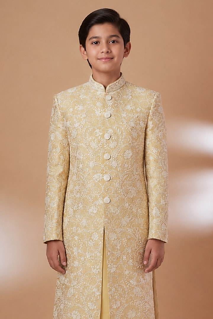 Ivory Tussar Hand & Machine Embroidered Sherwani Set For Boys by Sammohan Kids at Pernia's Pop Up Shop