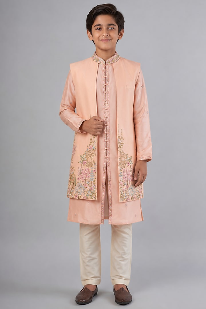 Peach Tussar Embroidered Indowestern Set For Boys by Sammohan Kids at Pernia's Pop Up Shop