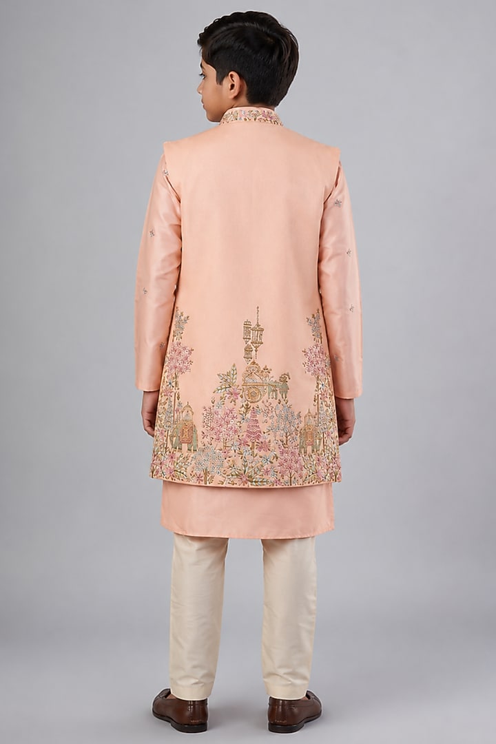 Peach Tussar Embroidered Indowestern Set For Boys by Sammohan Kids at Pernia's Pop Up Shop