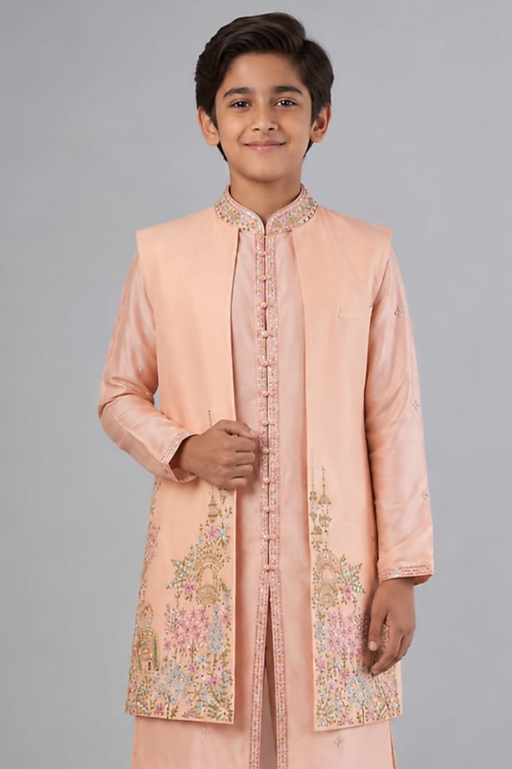 Peach Tussar Embroidered Indowestern Set For Boys by Sammohan Kids at Pernia's Pop Up Shop