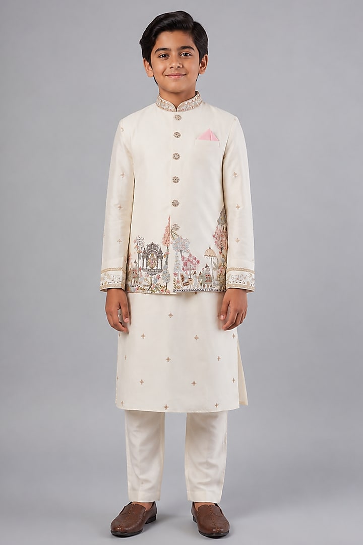Ivory Tussar  Resham Embroidered Bundi Jacket Set For Boys by Sammohan Kids at Pernia's Pop Up Shop