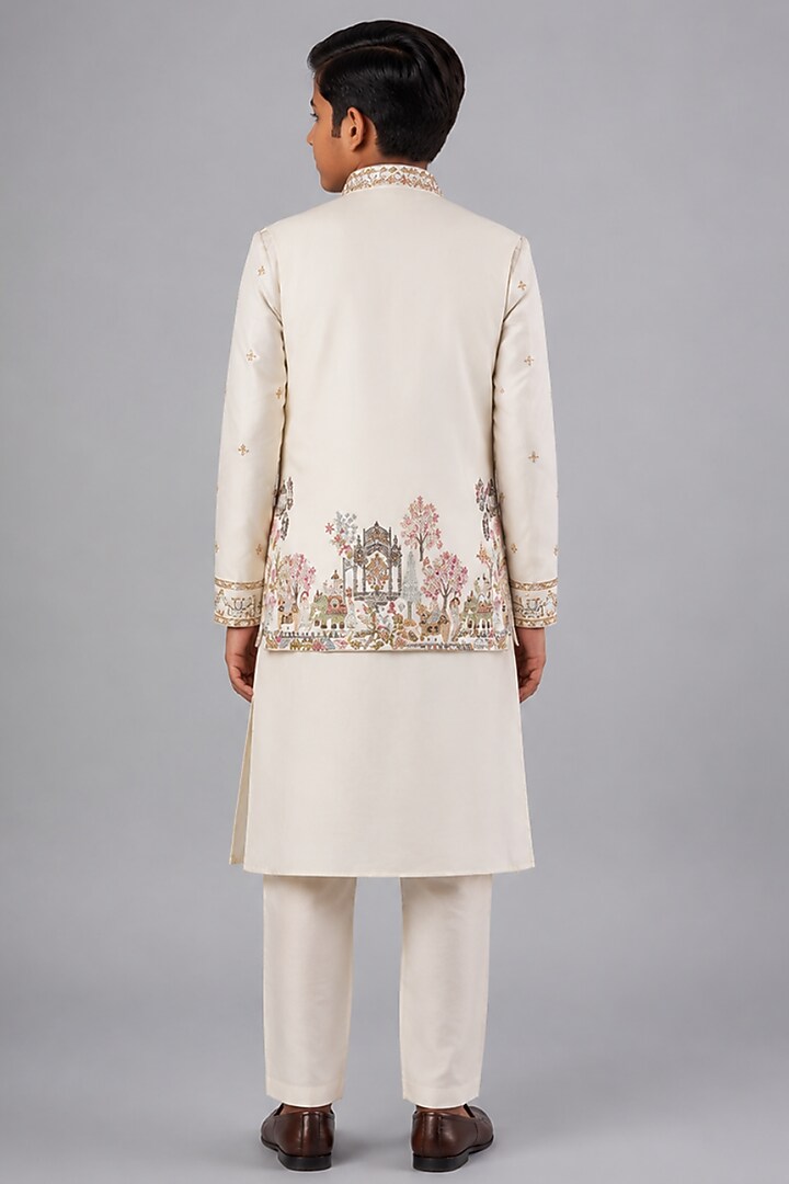 Ivory Tussar  Resham Embroidered Bundi Jacket Set For Boys by Sammohan Kids at Pernia's Pop Up Shop