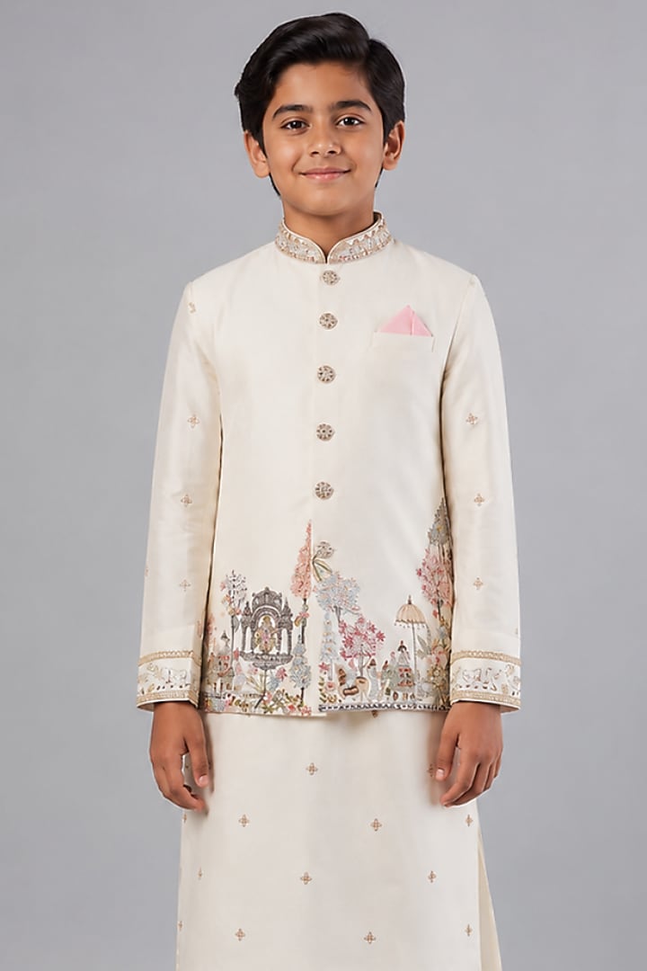 Ivory Tussar  Resham Embroidered Bundi Jacket Set For Boys by Sammohan Kids at Pernia's Pop Up Shop