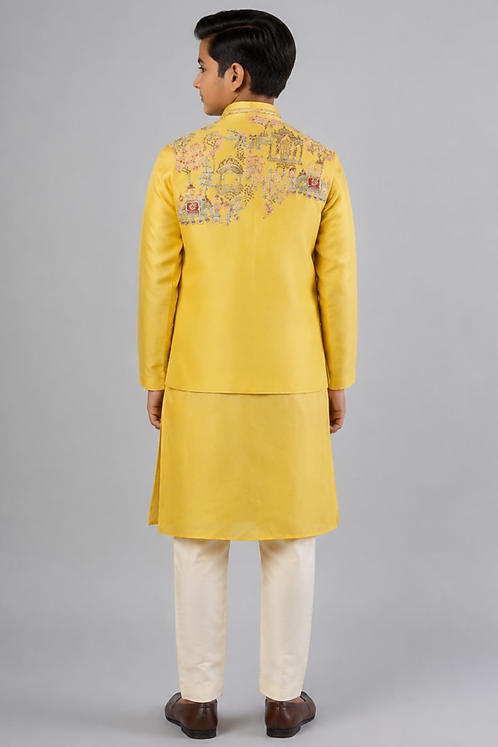 Yellow Tussar Resham Embroidered Bundi Jacket Set For Boys by Sammohan Kids at Pernia's Pop Up Shop