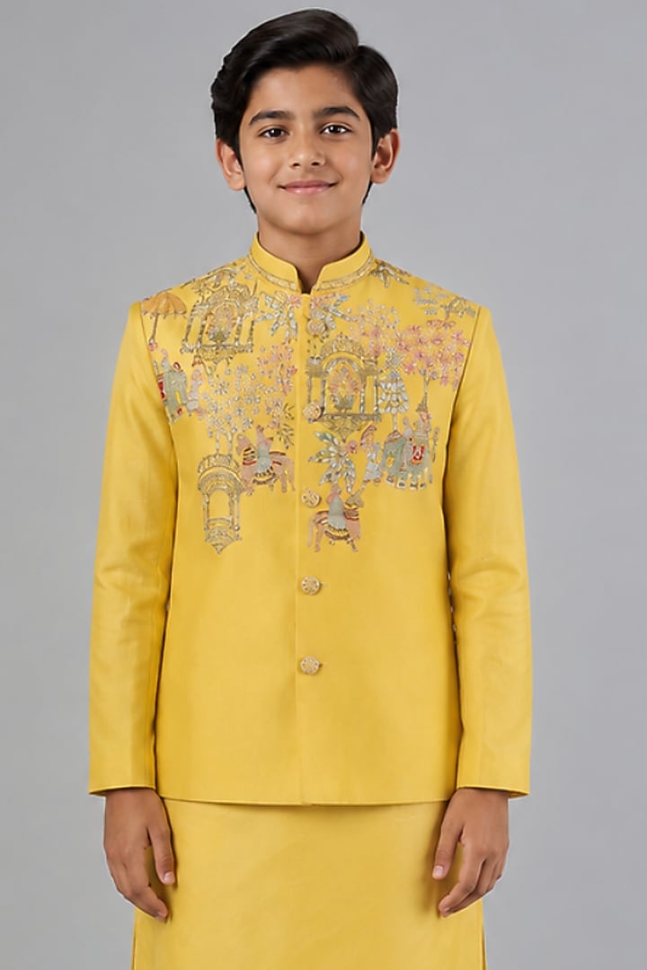 Yellow Tussar Resham Embroidered Bundi Jacket Set For Boys by Sammohan Kids at Pernia's Pop Up Shop