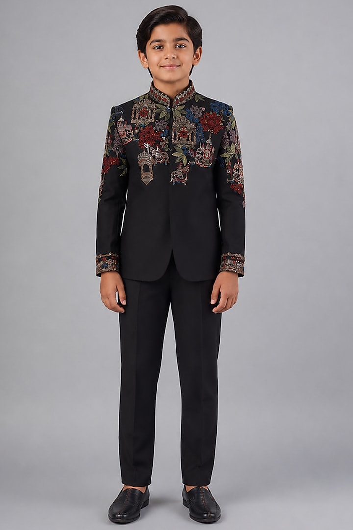 Black Tussar Embroidered Bandhgala Set For Boys by Sammohan Kids at Pernia's Pop Up Shop