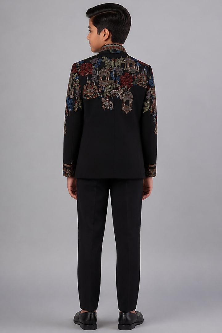 Black Tussar Embroidered Bandhgala Set For Boys by Sammohan Kids at Pernia's Pop Up Shop