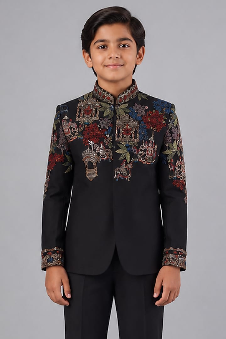 Black Tussar Embroidered Bandhgala Set For Boys by Sammohan Kids at Pernia's Pop Up Shop