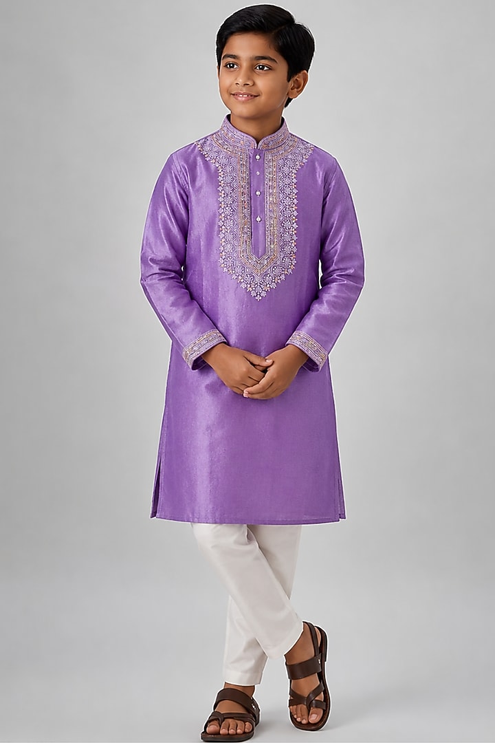 Purple Tussar Resham Embroidered Kurta Set For Boys by Sammohan Kids at Pernia's Pop Up Shop