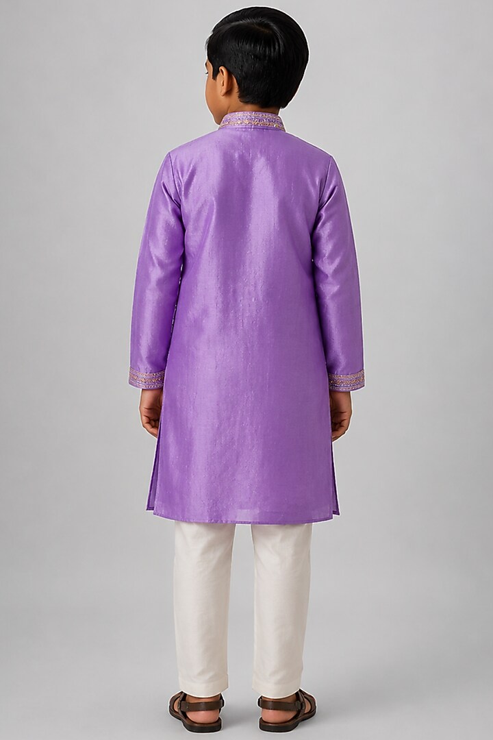 Purple Tussar Resham Embroidered Kurta Set For Boys by Sammohan Kids at Pernia's Pop Up Shop