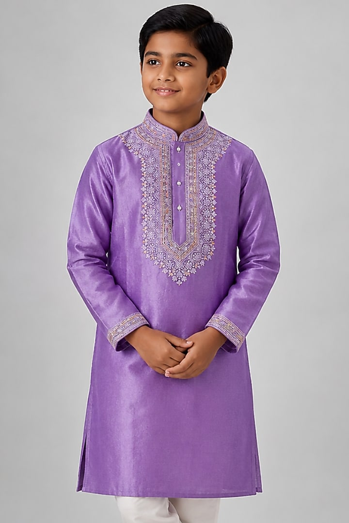 Purple Tussar Resham Embroidered Kurta Set For Boys by Sammohan Kids at Pernia's Pop Up Shop