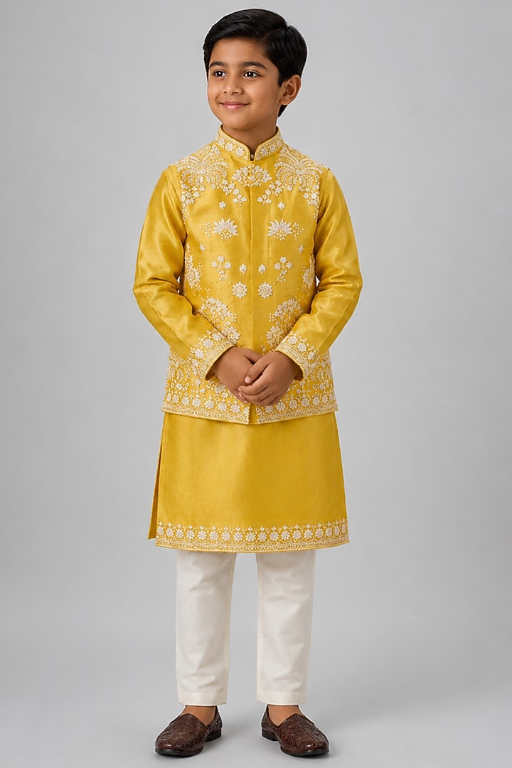 Yellow Tussar Resham Embroidered Bundi Jacket Set For Boys by Sammohan Kids at Pernia's Pop Up Shop