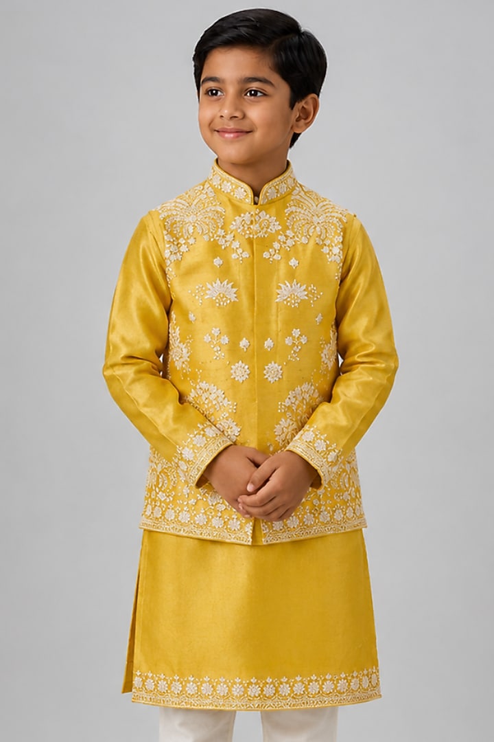 Yellow Tussar Resham Embroidered Bundi Jacket Set For Boys by Sammohan Kids at Pernia's Pop Up Shop
