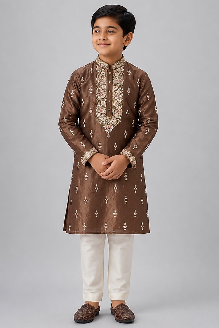 Beige Tussar Resham Embroidered Kurta Set For Boys by Sammohan Kids at Pernia's Pop Up Shop