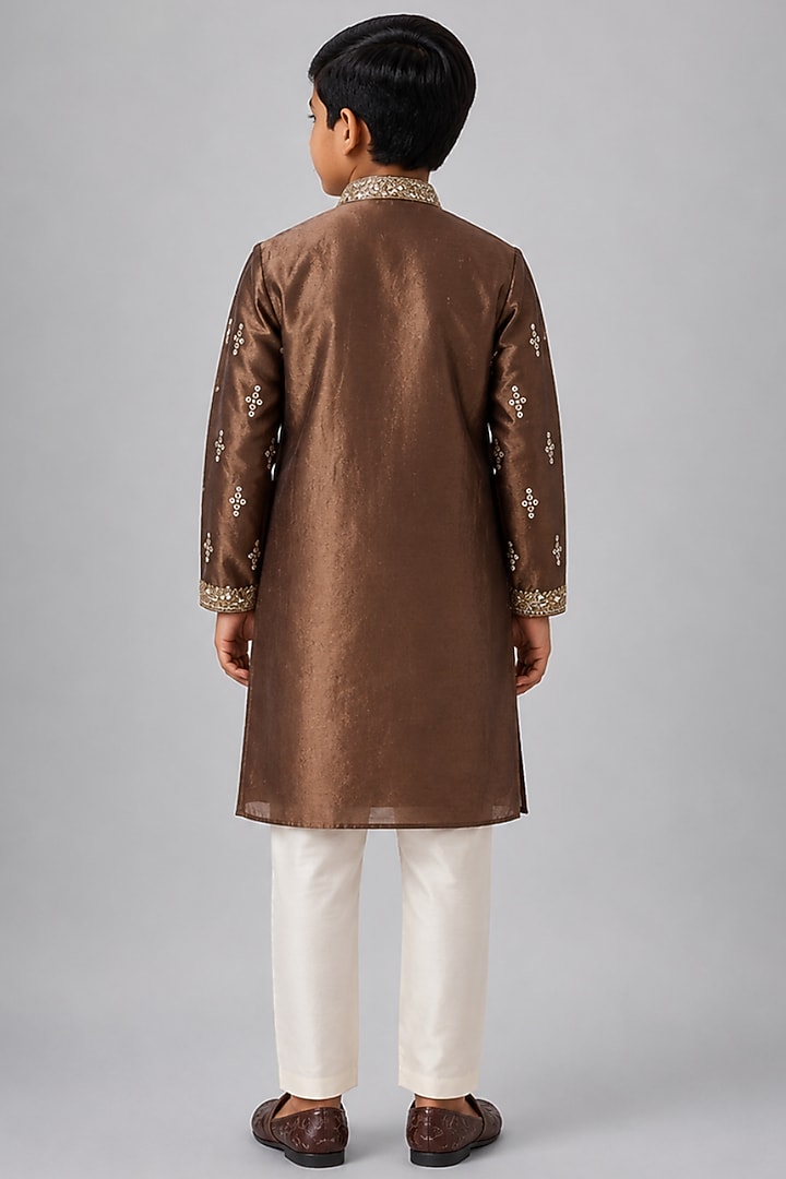 Beige Tussar Resham Embroidered Kurta Set For Boys by Sammohan Kids at Pernia's Pop Up Shop