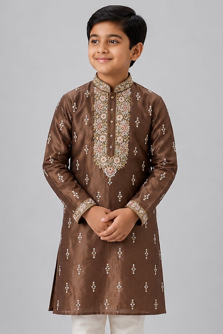 Beige Tussar Resham Embroidered Kurta Set For Boys by Sammohan Kids at Pernia's Pop Up Shop