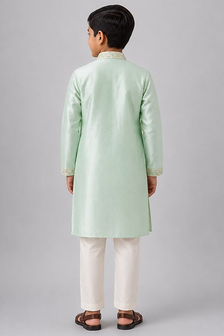 Green Tussar Resham Embroidered Kurta Set For Boys by Sammohan Kids at Pernia's Pop Up Shop