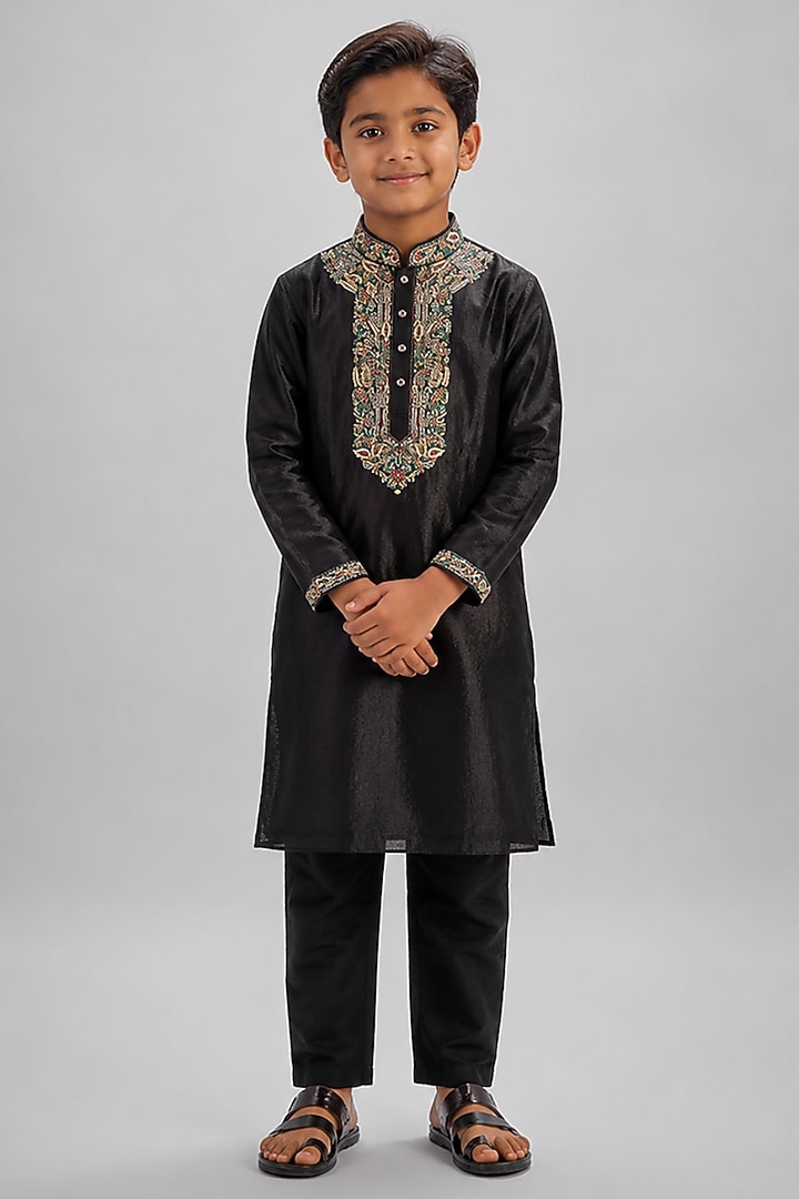 Black Tussar Resham Embroidered Kurta Set For Boys by Sammohan Kids at Pernia's Pop Up Shop