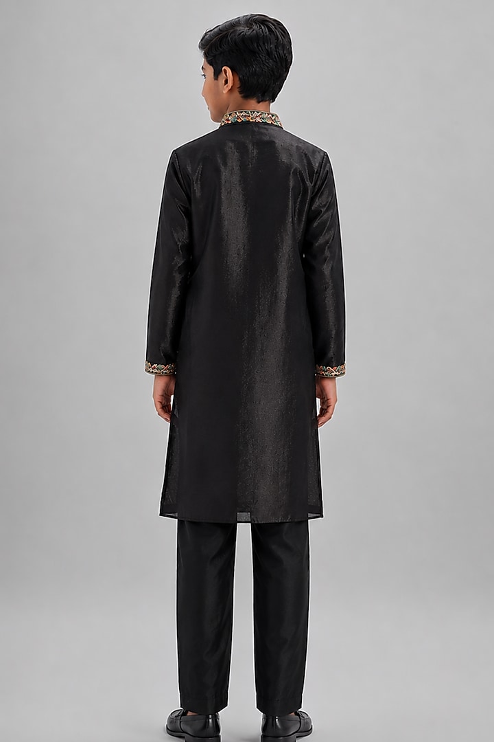 Black Tussar Resham Embroidered Kurta Set For Boys by Sammohan Kids at Pernia's Pop Up Shop