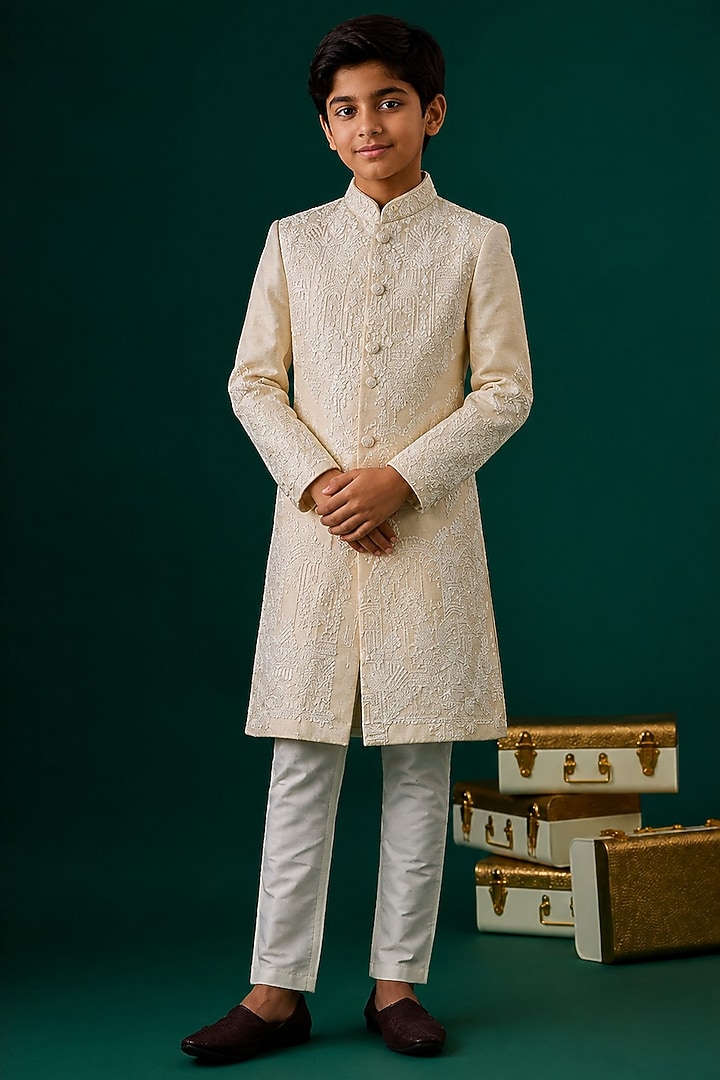 Ivory Tussar Embroidered Sherwani Set For Boys by Sammohan Kids at Pernia's Pop Up Shop