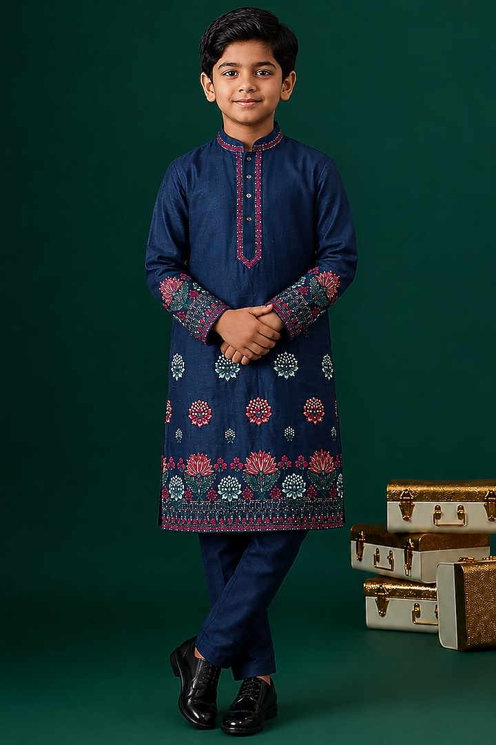 Blue Tussar Embroidered Kurta Set For Boys by Sammohan Kids at Pernia's Pop Up Shop