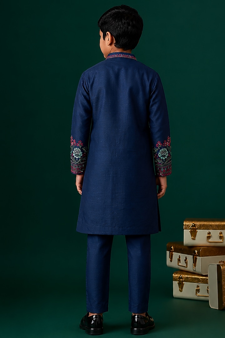 Blue Tussar Embroidered Kurta Set For Boys by Sammohan Kids at Pernia's Pop Up Shop
