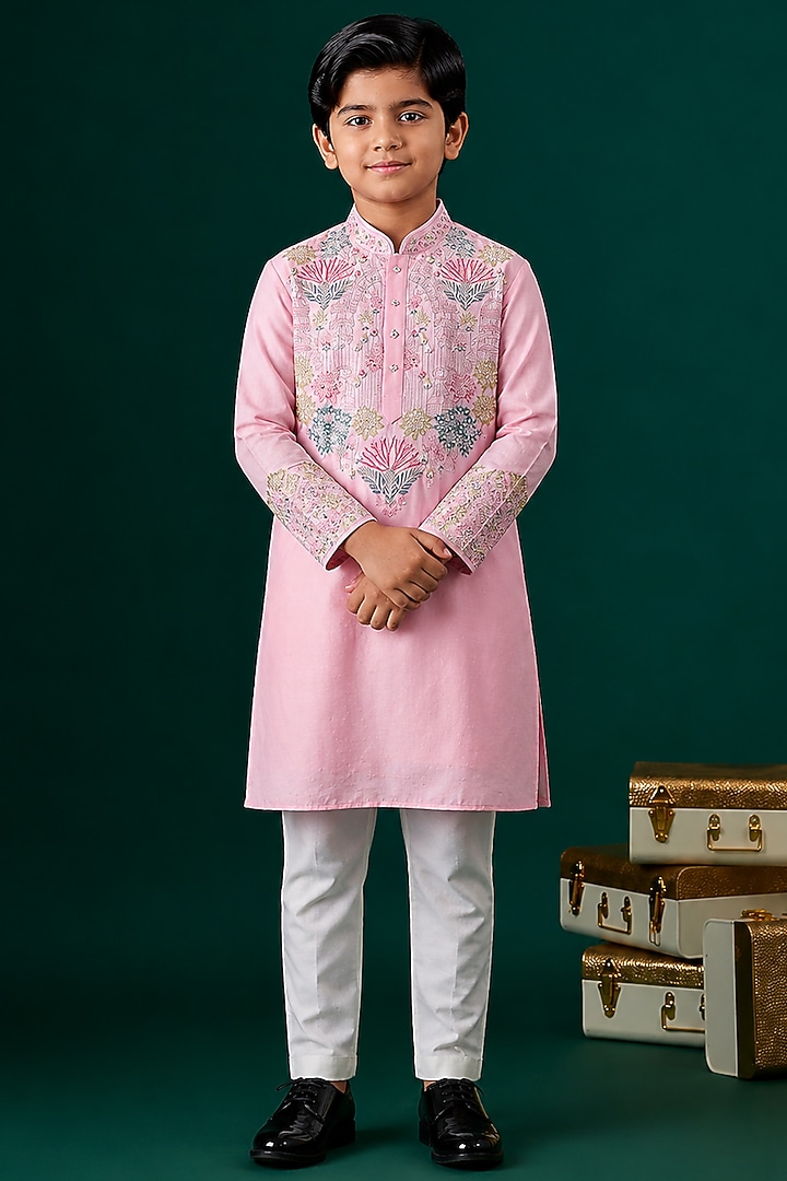 Pink Tussar Embroidered Kurta Set For Boys by Sammohan Kids at Pernia's Pop Up Shop